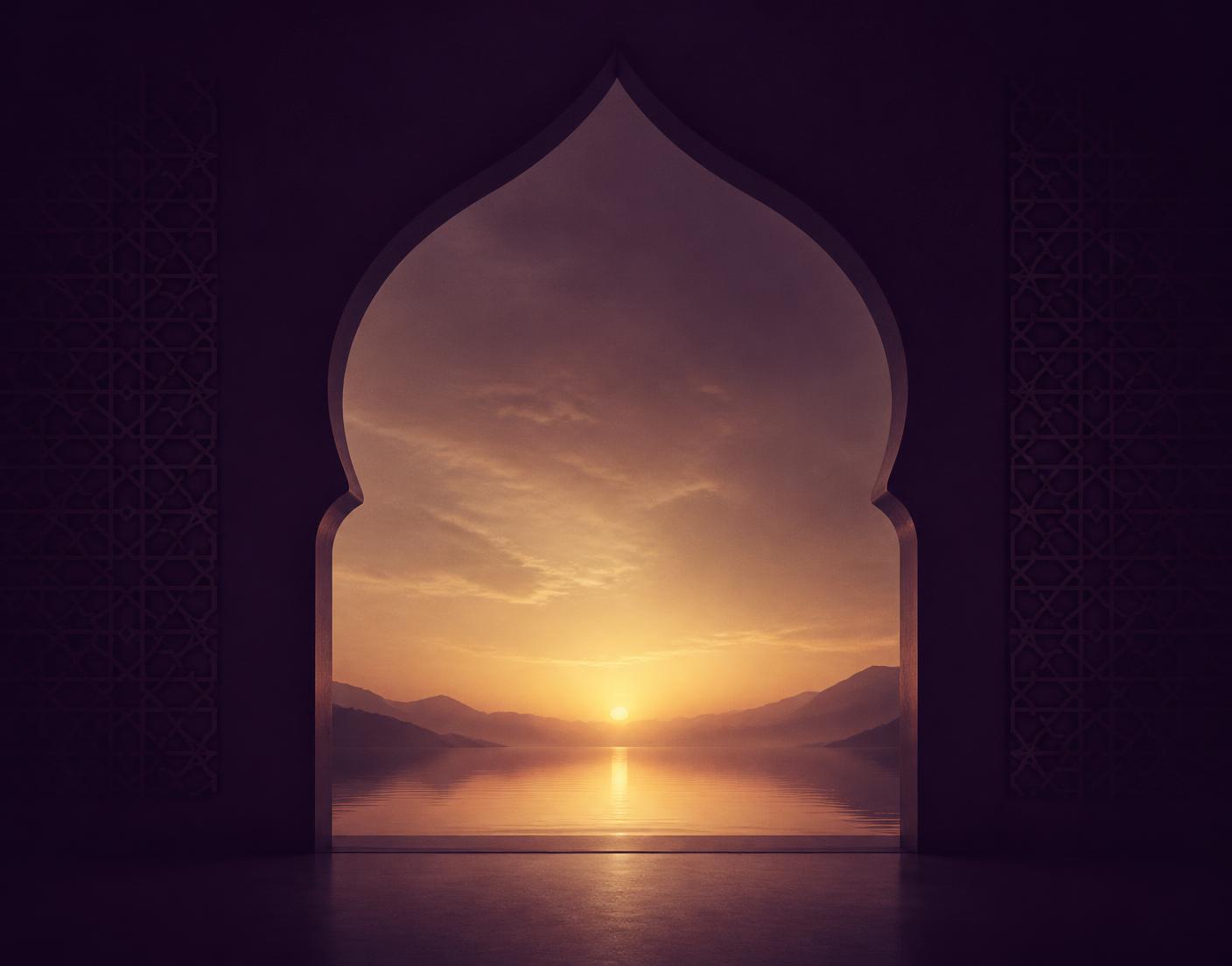 An Islamic arch opening toward a luminous sunrise over calm water
